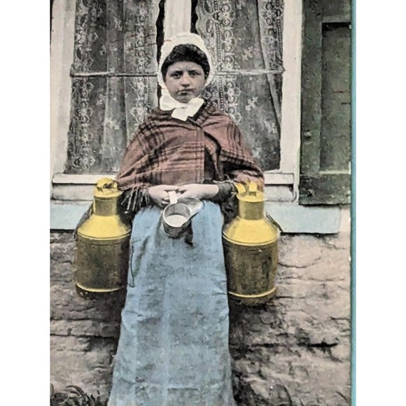 Small Art Flemish Milkmaid Vintage Post Card Framed Matted Bonnet 1920's Cans - Picture 2 of 6